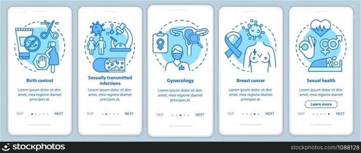 Women healthcare onboarding mobile app page screen vector template. Birth control, breast cancer, sexual health. Walkthrough website steps with linear icons. UX, UI, GUI turquoise smartphone interface