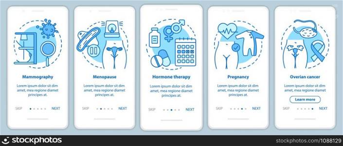 Women healthcare onboarding mobile app page screen vector template. Pregnancy, ovarian cancer, menopause. Walkthrough website steps with linear icons UX, UI, GUI turquoise smartphone interface concept