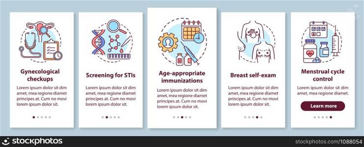 Women healthcare onboarding mobile app page screen with linear concepts. Gynecological disease diagnosis and checkups. Walkthrough steps graphic instructions. UX, UI, GUI template with illustrations