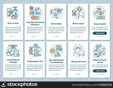 Women healthcare onboarding mobile app page screen with linear concepts. Gynecological disease prevention and checkups. Walkthrough steps graphic instructions. UX, UI, GUI vector template with icons