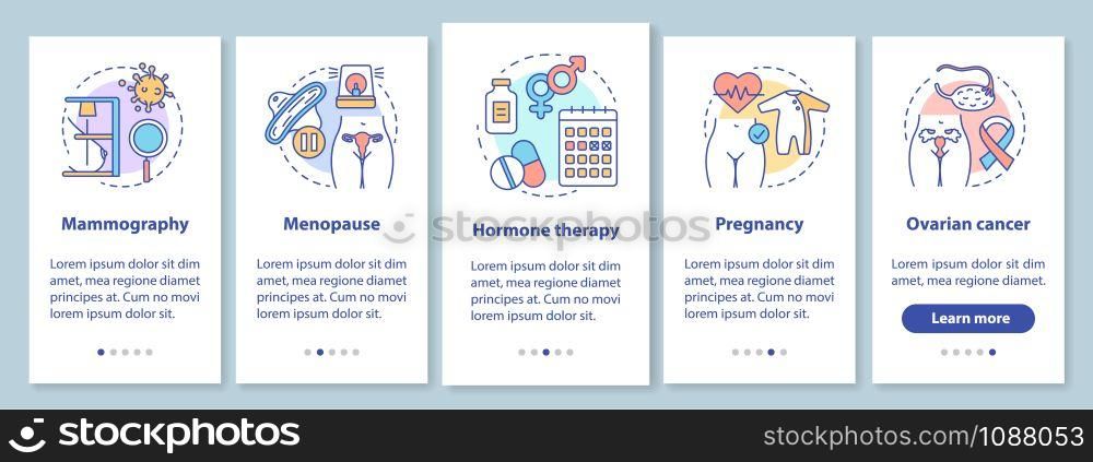 Women healthcare onboarding mobile app page screen with linear concepts. Pregnancy, ovarian cancer, menopause. Walkthrough steps graphic instructions. UX, UI, GUI vector template with illustrations