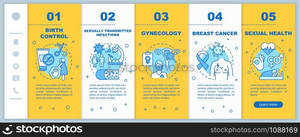 Women healthcare onboarding mobile web pages vector template. Birth control, breast cancer, sexual health. Responsive smartphone website interface. Webpage walkthrough step screens. Color concept