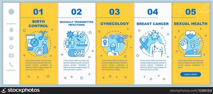 Women healthcare onboarding mobile web pages vector template. Birth control, breast cancer, sexual health. Responsive smartphone website interface. Webpage walkthrough step screens. Color concept