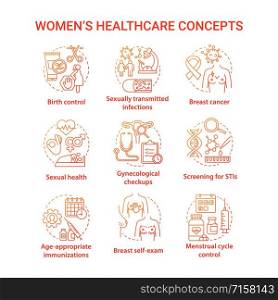 Women healthcare red concepts icons set. Female medical treatment idea thin line illustrations. Checkups, screening, self exam. Menstruation, birth, STIs. Vector isolated outline drawings