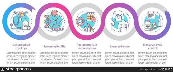 Women healthcare vector infographic template. Business presentation design elements. Gynecological checkups. Data visualization with 5 steps. Process timeline chart. Workflow layout with linear icons