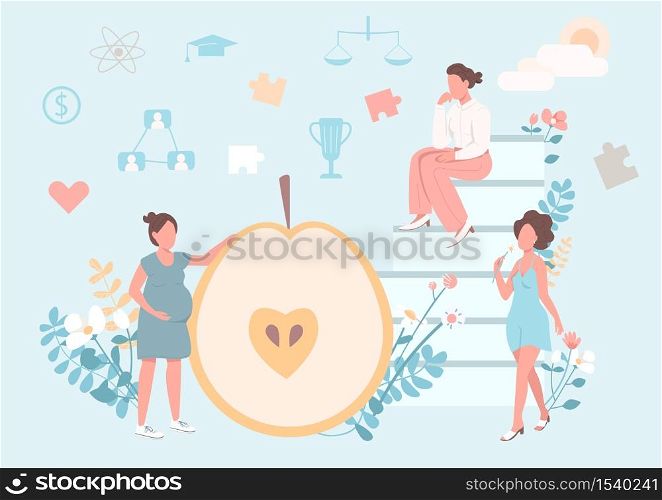Women healthy lifestyle flat concept vector illustration. Nutrient diet. Pregnant girl. Equality and empowerment. Female 2D cartoon characters for web design. Woman healthcare creative idea. Women healthy lifestyle flat concept vector illustration