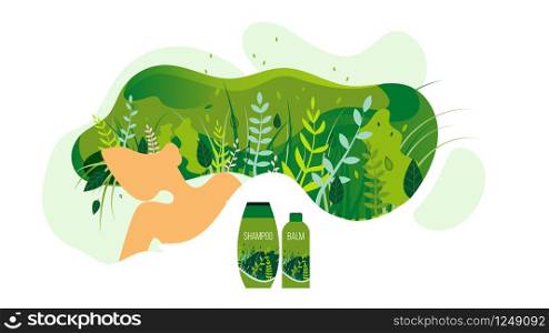 Women Herbal Cosmetics Product Flat Vector Advertising Banner, Poster Template. Young Girl with Leaves in Long Green Hair and Shampoo, Body Balm Bottles Illustration. Natural Organic Skincare Products