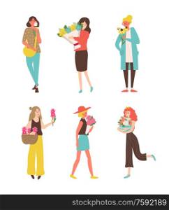 Women holding bouquet, happy girls embracing flavor, portrait and side view of females with flowers, element of decoration, 8 March greetings vector. Girls with Bouquet, Women Enjoying Flowers Vector