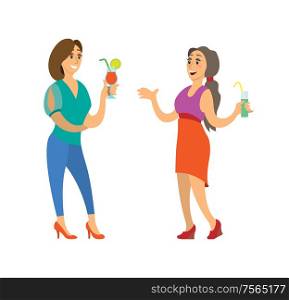 Women holding cocktail in colorful evening clothes vector. Smiling friends girl standing with drink, portrait view. Fashion people joying in nightclub. Women with Cocktail, Lady in Evening Gown Vector