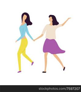 Women holding each other hands, portrait and full length view of moving girls, female characters dancing, people movement, dancer hen-party vector. Girls Dancer Holding Hands and Dancing Vector