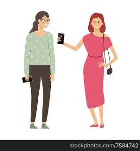 Women holding smartphones. Taking selfie. Vector illustration