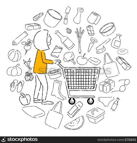 Women (housewives) with carts in supermarkets, doodle style paintings, symbols and icons, various items, vector illustration and design.