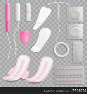 Women hygiene and contraception realistic vector set, transparent background. Feminine menstruation sanitary pads or napkins, tampon, menstrual cup, contraceptive pills and condoms, vaginal ring, IUD. Women hygiene and contraception realistic set