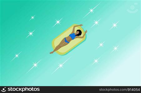 Women in a blue bikini are sunbathing on a floating bed. With blue sea and star sparkle as background