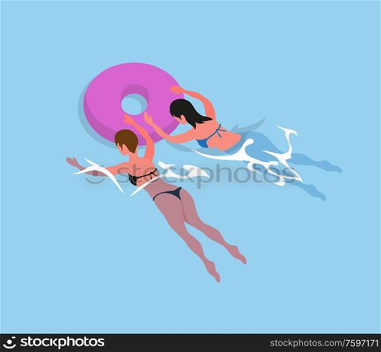 Women in bikini swimsuit swimming in inflatable round circles isolated. Vector girls back view in rubber safety toy, donut ring and bathing females. Women in Bikini Swimsuit Swim in Inflatable Rings