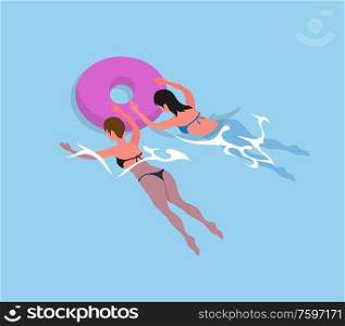 Women in bikini swimsuit swimming in inflatable round circles isolated. Vector girls back view in rubber safety toy, donut ring and bathing females. Women in Bikini Swimsuit Swim in Inflatable Rings
