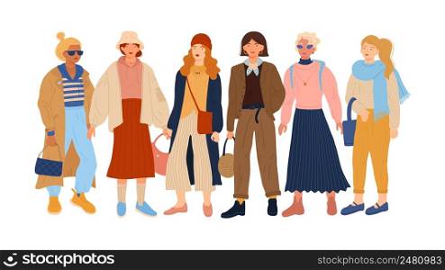 Women in casual modern clothes. Young stylish female characters. People dressed in trendy outfits with accessories. Cozy garments for walking. Girls group. Vector standing fashionable persons set. Women in casual modern clothes. Young stylish female characters. People dressed in trendy outfits with accessories. Garments for walking. Girls group. Vector fashionable persons set