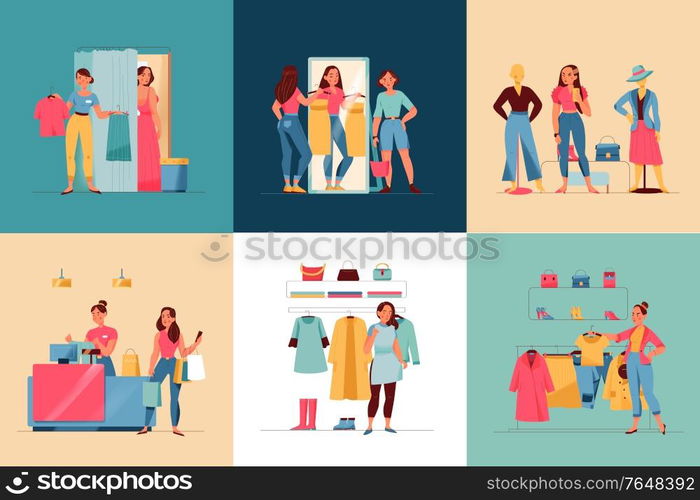 Women in clothing store square set with fashion flat isolated vector illustration