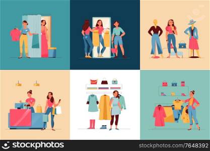 Women in clothing store square set with fashion flat isolated vector illustration