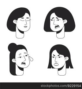 Women in distress flat line monochromatic vector character heads pack. Stress relief. Anxiety. Editable outline avatar icons. 2D cartoon line spot illustration set for web graphic design, animation. Women in distress flat line monochromatic vector character heads pack