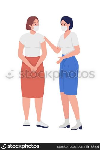 Women in face mask talking semi flat color vector characters. Standing figures. Full body people on white. New normal isolated modern cartoon style illustration for graphic design and animation. Women in face mask talking semi flat color vector characters