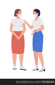 Women in face mask talking semi flat color vector characters. Standing figures. Full body people on white. New normal isolated modern cartoon style illustration for graphic design and animation. Women in face mask talking semi flat color vector characters