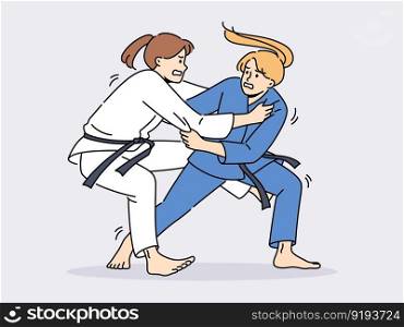 Women in karate kimonos fighting on ring. Female athletes in uniform involved in martial arts. Sport and competition. Vector illustration. . Women in karate kimonos fighting 