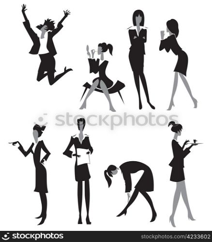 Women in office. Black and white silhouettes. Vector illustration.