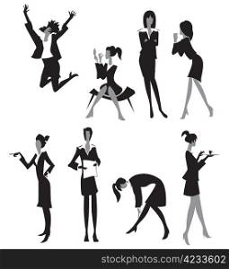 Women in office. Black and white silhouettes. Vector illustration.