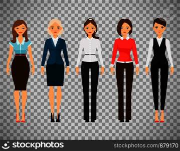 Women in office dress code clothes icons isolated on transparent background. Vector illustration. Women in office dress code clothes