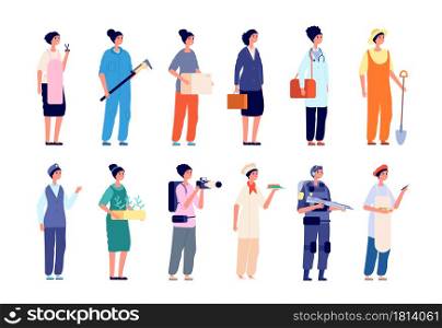 Women in profession. Female professionals, diverse lady worker. Business career, girl plumber military scientist vector set. Hairdresser and photographer occupation, courier worker illustration. Women in profession. Female group professionals, diverse lady worker characters. Business career, girl plumber military scientist vector set