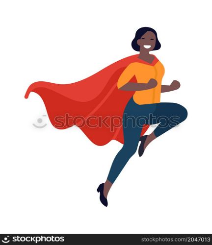 Women in red cape. Smiling person in hero pose isolated on white background. Women in red cape. Smiling person in hero pose