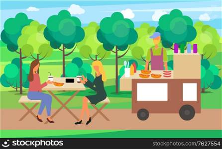 Women in summer fair vector, people with coffee and hot dog eating and drinking coffee. Kiosk with meal park with trees and lawn with greenery flat style. Funny spending time on harvest festival. Female Friends Drinking Coffee and Eating Food