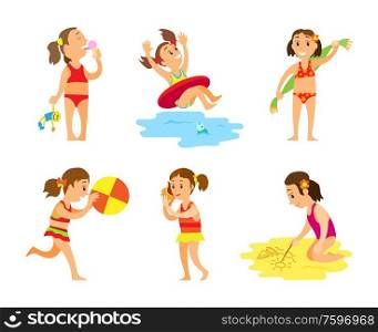 Women in swimsuit isolated on white, girl playing with ball and seashell, drawing on sand, swimming with inflatable circle, eating ice cream vector. Women in Swimsuit, Summer Activity on Beach Vector