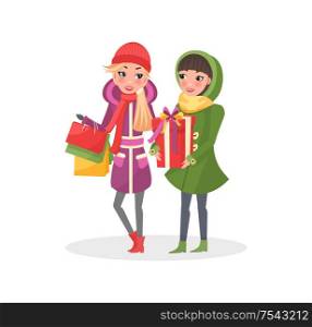 Women in warm winter cloth do shopping together. Two girls with Christmas packs, wrapped gift boxes, buy Xmas presents on sale, cartoon vector people. Women in Warm Winter cloth Do Shopping Together