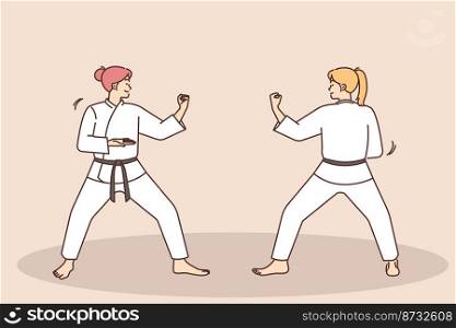 Women in white uniform practice judo fighting. Females engaged in martial arts training. Sport and hobby concept. Vector illustration. . Women practice martial arts