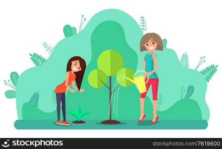 Women in yard watering tree. Female gardener cultivating plants. Leaf seeding sproating from soil. Horticulture and floriculture, garden village vector. Watering Tree, Growing Plants, Gardening Vector