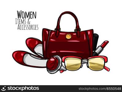Women items and accessories. Illustration of red purse, lipstick, high-heeled shoes, sunglasses, ring with round precious ruddy stone. Fashionable female objects. Poster. Cartoon style. Vector. Women Items and Accessories. Red Female Objects