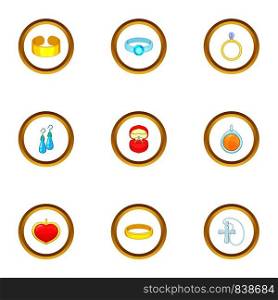 Women jewelry icons set. Cartoon style set of 9 women jewelry vector icons for web design. Women jewelry icons set, cartoon style