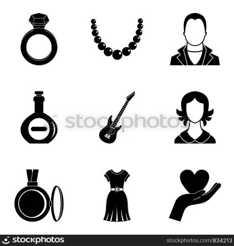 Women jewelry icons set. Simple set of 9 women jewelry vector icons for web isolated on white background. Women jewelry icons set, simple style