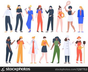 Women job professions. Female workers, lady professional uniform, doctor, policeman, driver and builder workers isolated vector illustration set. People woman job, girls group work teacher, cook. Women job professions. Female workers, lady professional uniform, doctor, policeman, driver and builder workers isolated vector illustration set