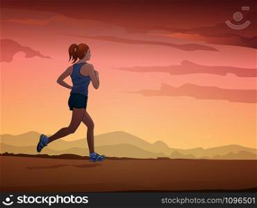 Women jogging in the evening Illustration vector On pop art comic style Colorful natural background