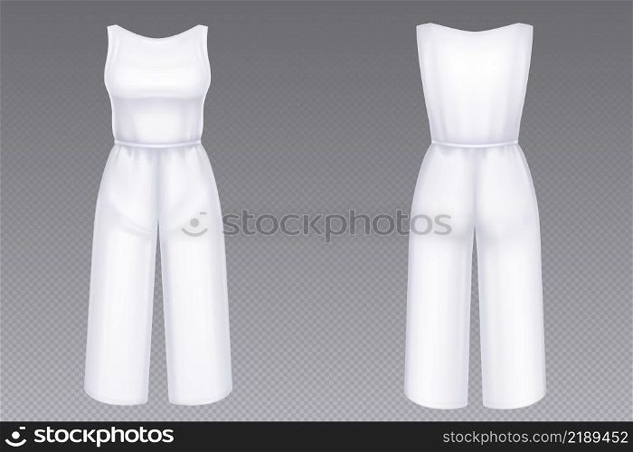Women jumpsuit mockup in front and back view. Vector 3d template of blank white female overalls with pants and sleeveless tank top. Realistic girls clothes, summer garment or nightwear. Woman white jumpsuit with pants mockup