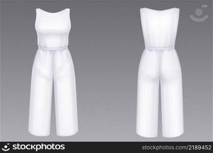 Women jumpsuit mockup in front and back view. Vector 3d template of blank white female overalls with pants and sleeveless tank top. Realistic girls clothes, summer garment or nightwear. Woman white jumpsuit with pants mockup