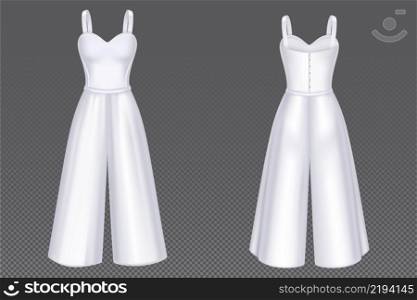 Women jumpsuit with corset and pants in front and back view. Vector 3d mockup of blank white girls overalls with sweetheart neckline. Realistic female clothes, summer garment. Women jumpsuit with corset and pants