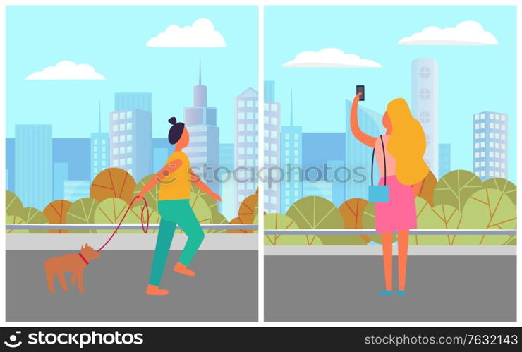 Women leisure in city, lady standing with smartphone and female character running with dog. People outdoor, skyscraper view, walking near building. Vector illustration in flat cartoon style. Female with Dog and Smartphone in City Vector