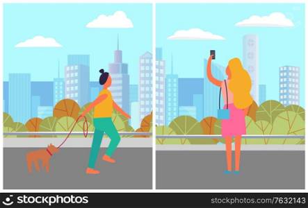 Women leisure in city, lady standing with smartphone and female character running with dog. People outdoor, skyscraper view, walking near building. Vector illustration in flat cartoon style. Female with Dog and Smartphone in City Vector