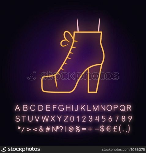 Women lita shoes neon light icon. Vintage ladies boots side view. Female retro high heels. Footwear design for fall. Glowing sign with alphabet, numbers and symbols. Vector isolated illustration