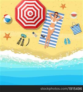 women lying on beach and sunbathing with summer accessories and sea surf near them. Vector illustration in flat style. women lying on beach and sunbathing