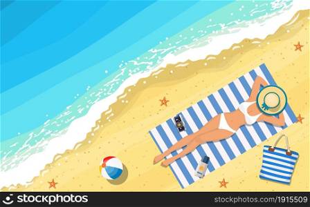 women lying on beach and sunbathing with summer accessories and sea surf near them. Vector illustration in flat style. women lying on beach and sunbathing